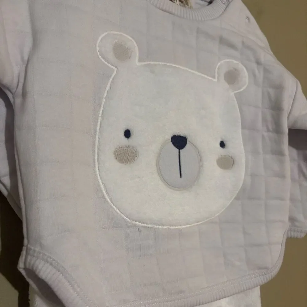 Kit + Pearl Unisex Baby Girl Boy Grey Quilted Polar Bear Top Pant Set NWT 12M